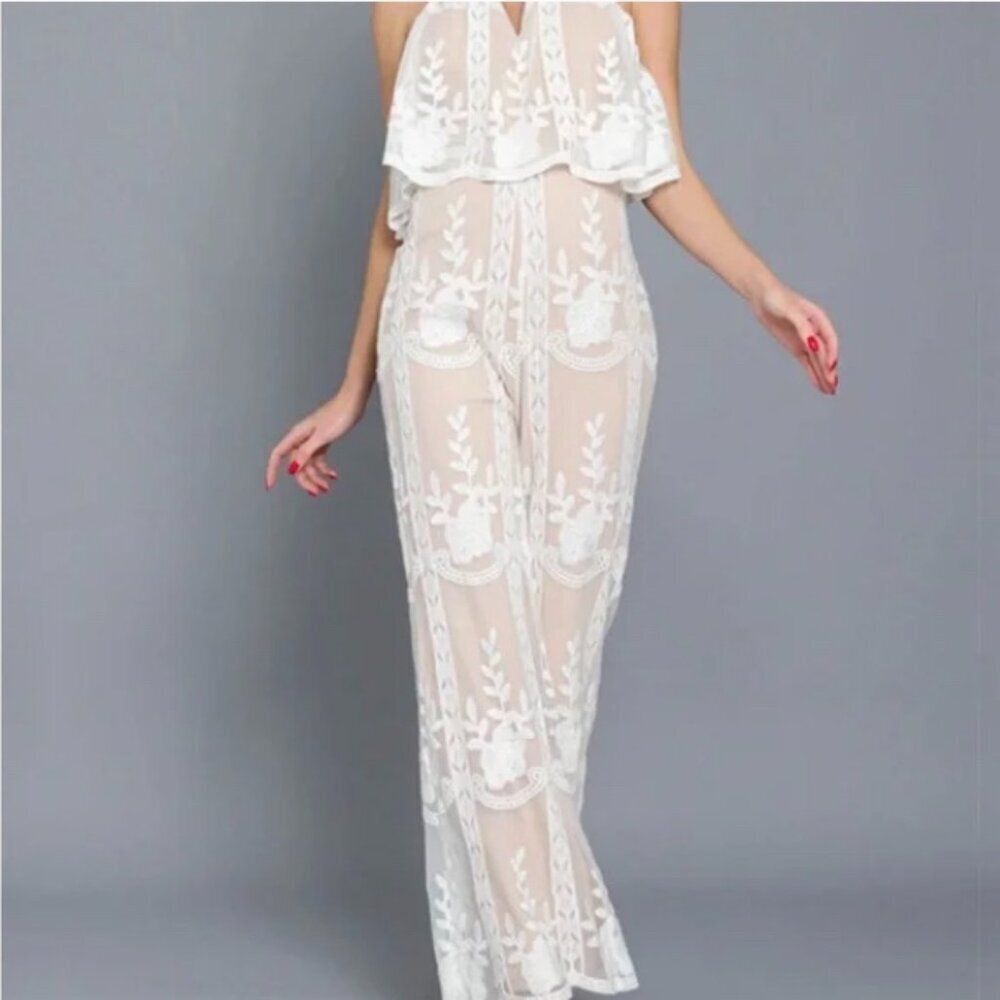 Aakaa White Sheer Lace Halter Jumpsuit